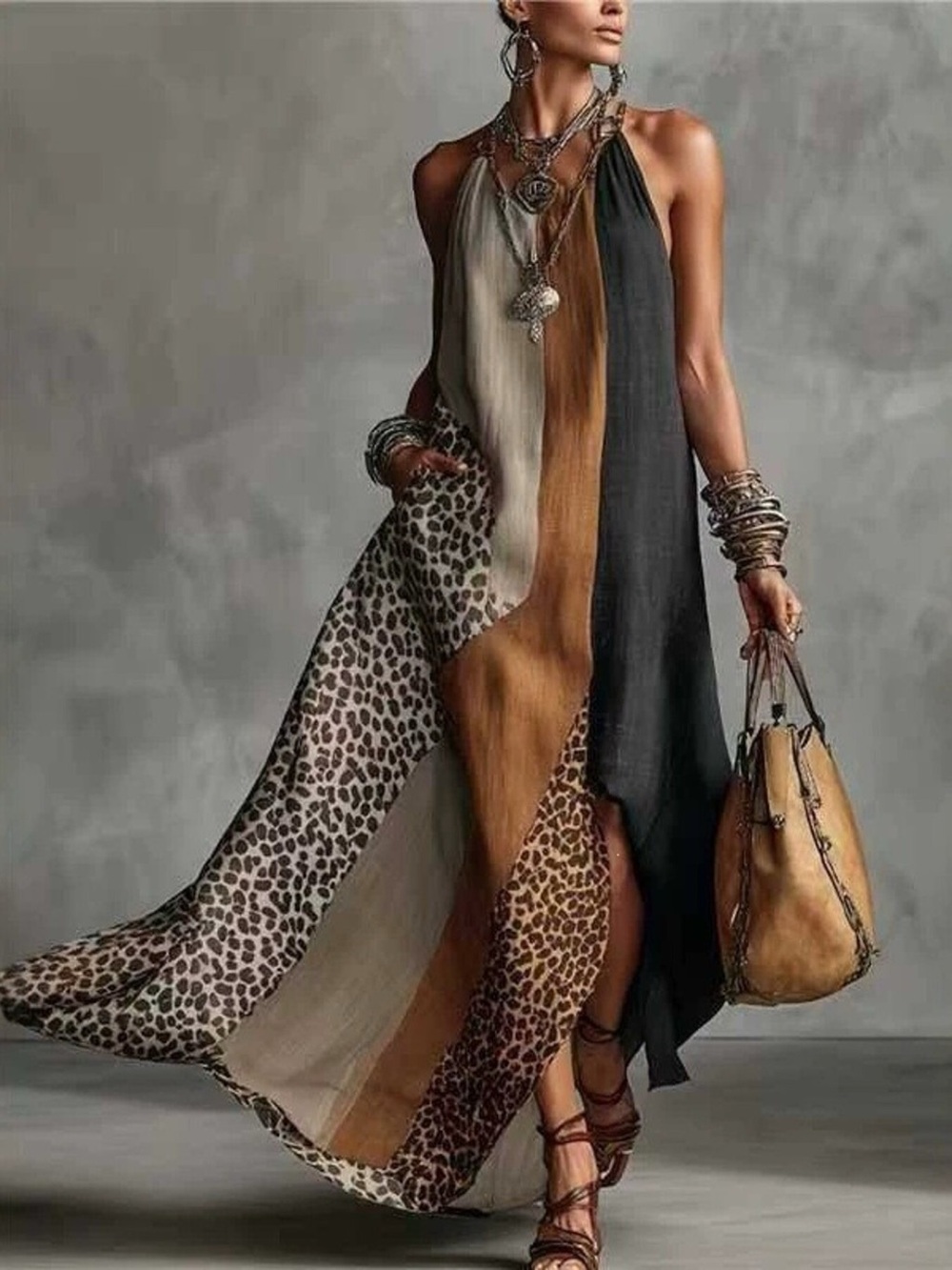 Color-Block Leopard Print Sleeveless Maxi Dress